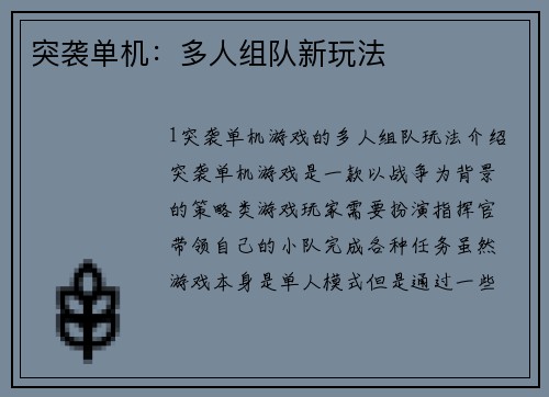 突袭单机：多人组队新玩法